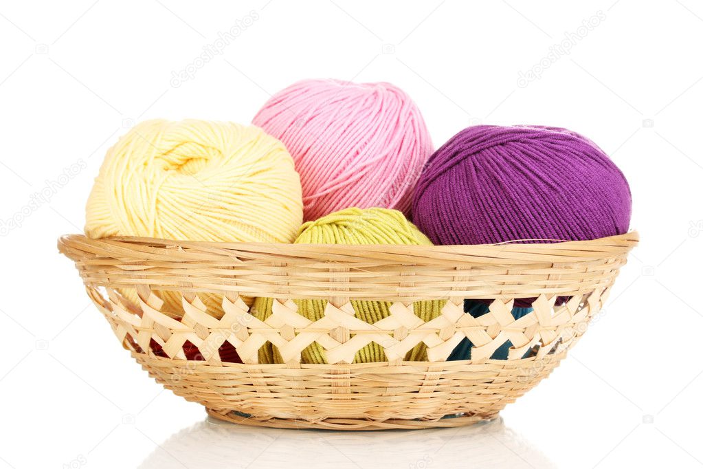 Knitting yarn in basket isolated on white