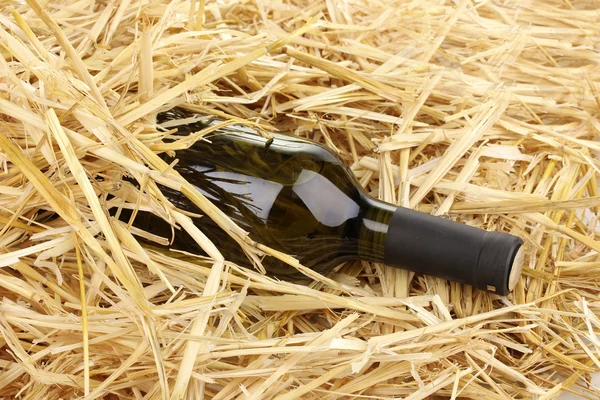 Bottle of great wine on hay — Stock Photo, Image