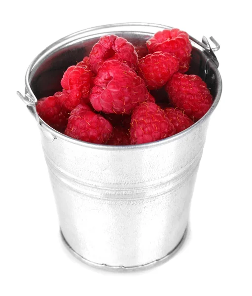 Raspberries in metal bucket isolated on white — Stock Photo, Image
