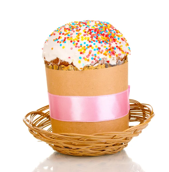 Beautiful Easter cake in basket isolated on white — Stock Photo, Image