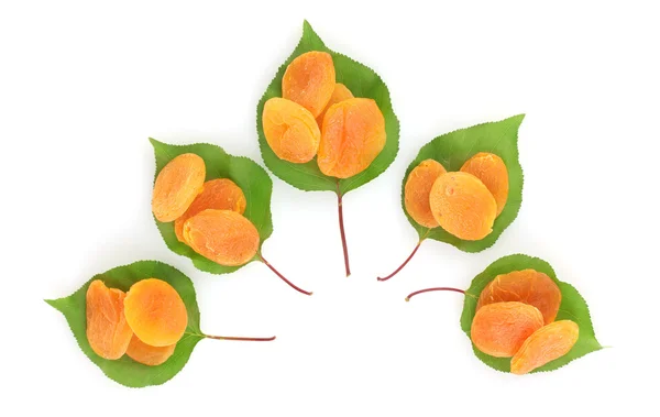 Heerlijke gedroogde abrikozen op groene bladeren geïsoleerd op wit — Stockfoto