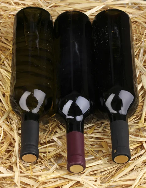 Saman üzerinde büyük şarap şişeleri — Stok fotoğraf