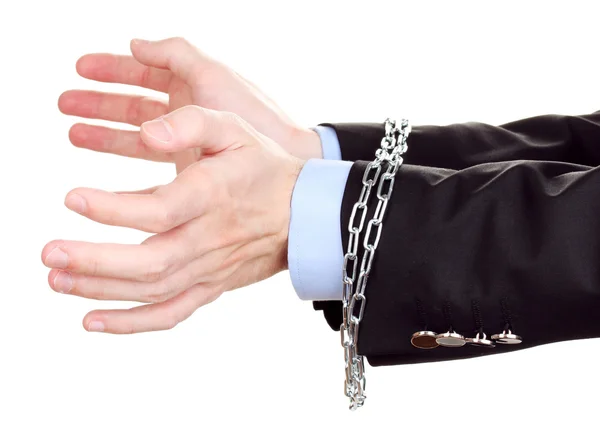 Mâinile omului de afaceri încătușate cu lanț izolat pe alb — Fotografie, imagine de stoc