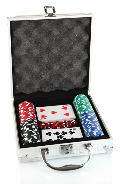 Jeu de poker en étui métallique isolé sur fond blanc — Photo