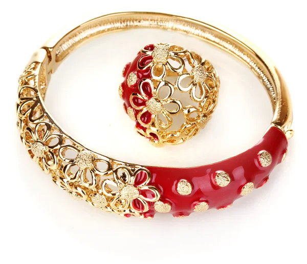 Elegant and fashion pair of bracelet and ring isolated on white — Stock Photo, Image
