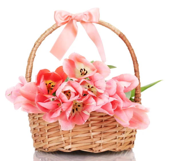 Krásné růžové tulipány v košíku izolovaných na bílém — Stock fotografie