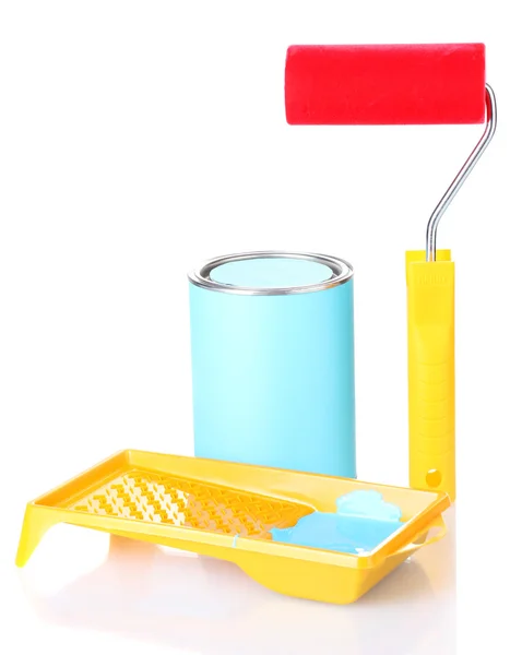 Can of paint with paint roller and tray with blue paint isolated on white — Stock Photo, Image