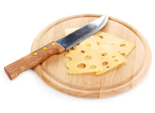 Cheese on cutting board with knife isolated on white Royalty Free Stock Images