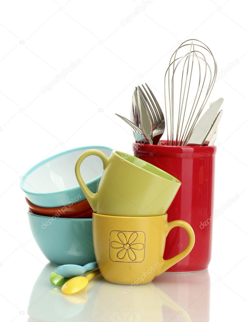 Cuencos vacíos brillantes, tazas y utensilios de cocina aislados en blanco:  fotografía de stock © belchonock #11402566