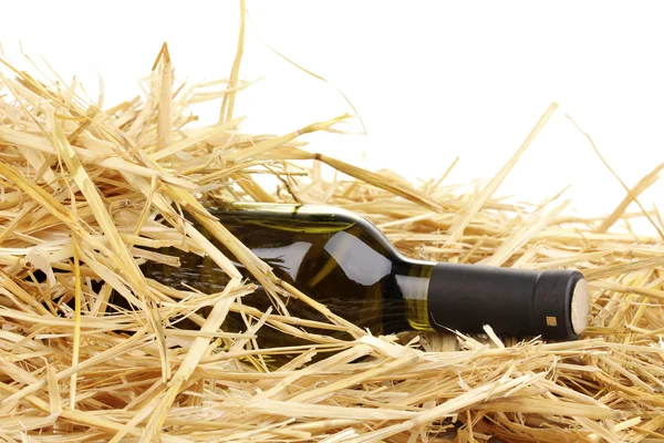 Fles van grote wijn op hooi — Stockfoto