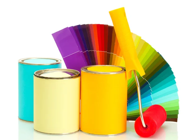 Tin cans with paint, roller, brushes and bright palette of colors isolated on white — Stock Photo, Image