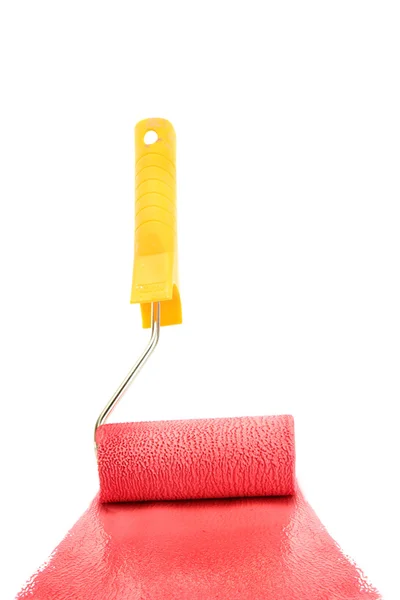 Paint roller with red paint isolated on white — Stock Photo, Image
