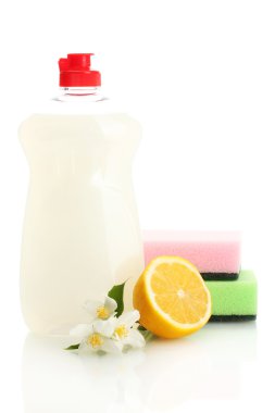 Dishwashing liquid with sponges and lemon with flowers isolated on white clipart