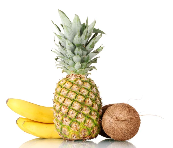 Сoconut, banana and pineapple isolated on white — Stock Photo, Image