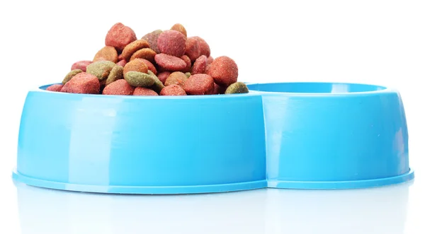 Pies suchej karmy i wody w niebieski miska na białym tle — Zdjęcie stockowe