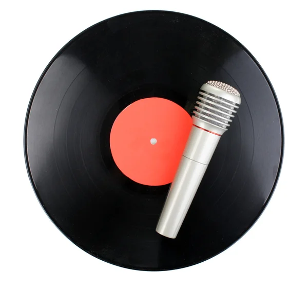 Disco in vinile nero e microfono isolato su bianco — Foto Stock
