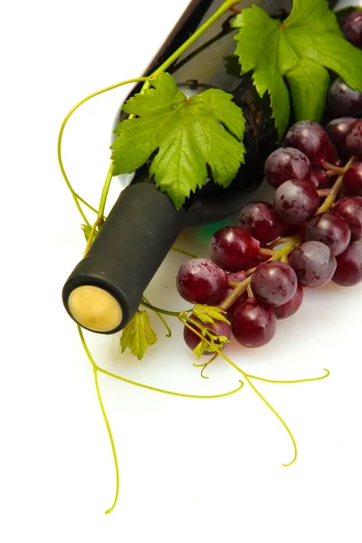 Botella de vino y uvas maduras aisladas sobre blanco — Foto de Stock