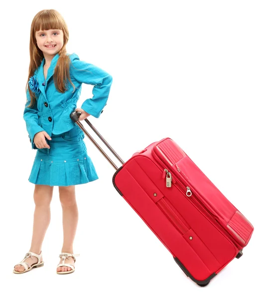 Retrato de menina com caixa de viagem isolada em branco — Fotografia de Stock