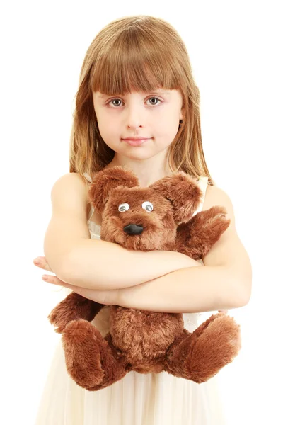 Portrait of beautiful cute girl with toy bear isolated on white — Stock Photo, Image
