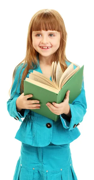Niedliches kleines Mädchen liest ein Buch isoliert auf weiß — Stockfoto