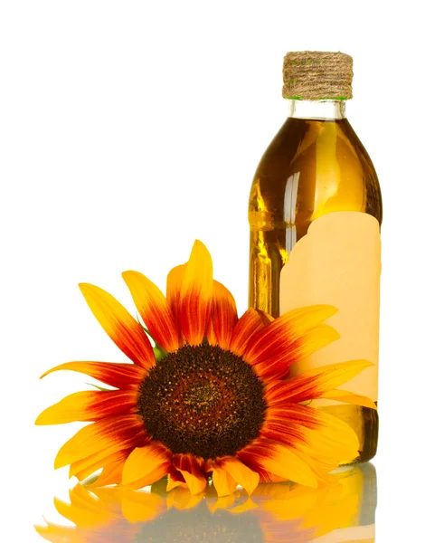 Zonnebloemolie en zonnebloem op witte geïsoleerd — Stockfoto