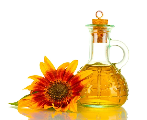 Sunflower oil and sunflower isolated on white — Stock Photo, Image