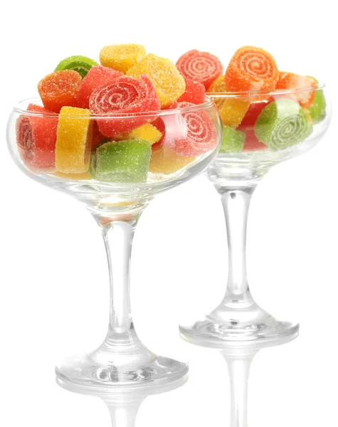 Colorful jelly candies in in cocktail glasses isolated on white — Stock Photo, Image