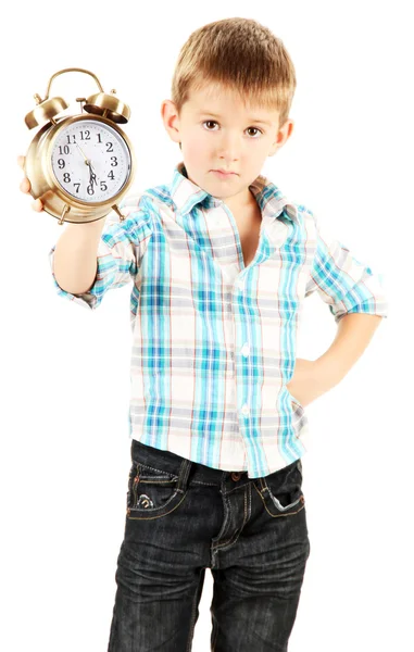Funny little boy with alarm clock isolated on white — Stock Photo, Image
