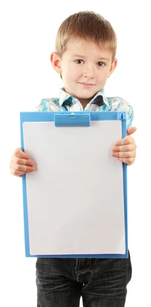 Portrait of happy little boy with clipboard isolated on white — Stock Photo, Image