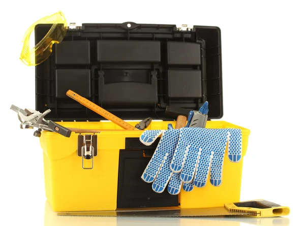 Caja de herramientas de color amarillo abierto con herramientas aisladas sobre fondo blanco — Foto de Stock