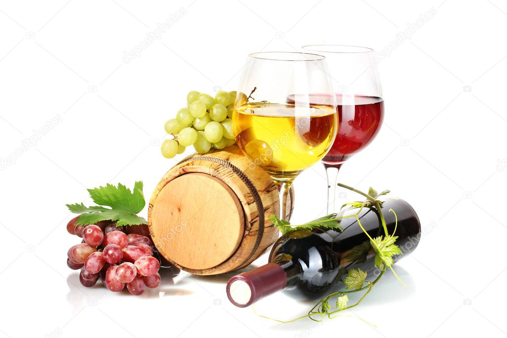 Barrel, bottle and glasses of wine and ripe grapes isolated on white