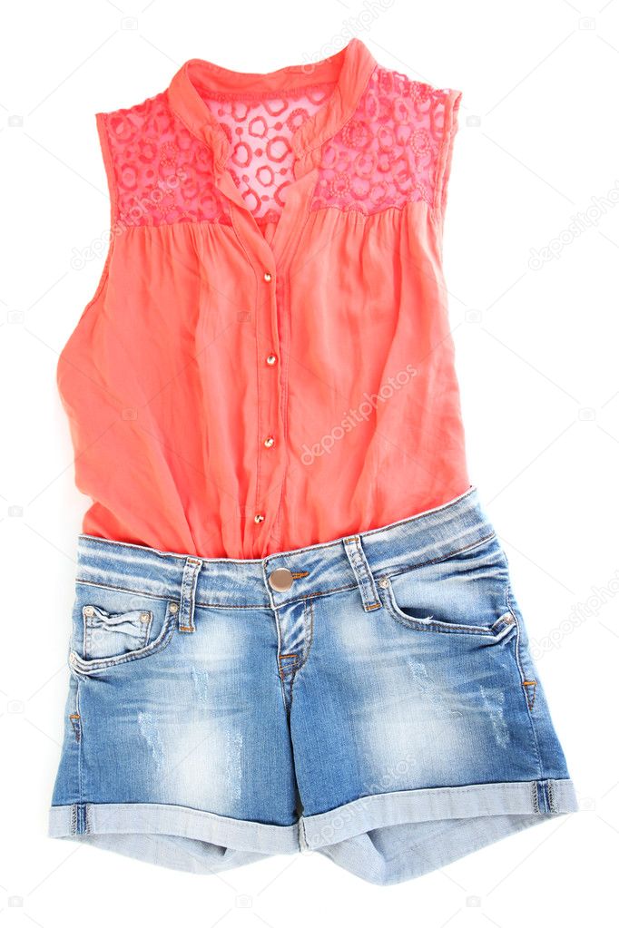 Womens blouse and denim shorts isolated on white