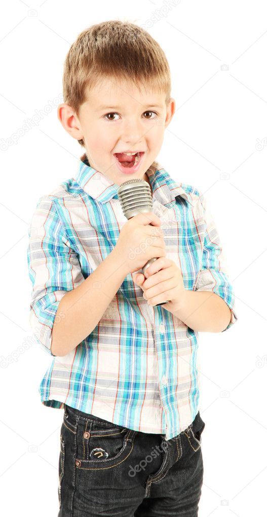 Funny little boy with microphone, isolated on white