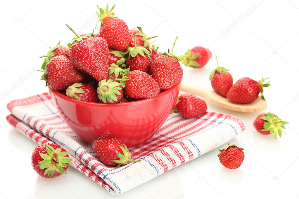 Sweet ripe strawberries in bowl isolated on white