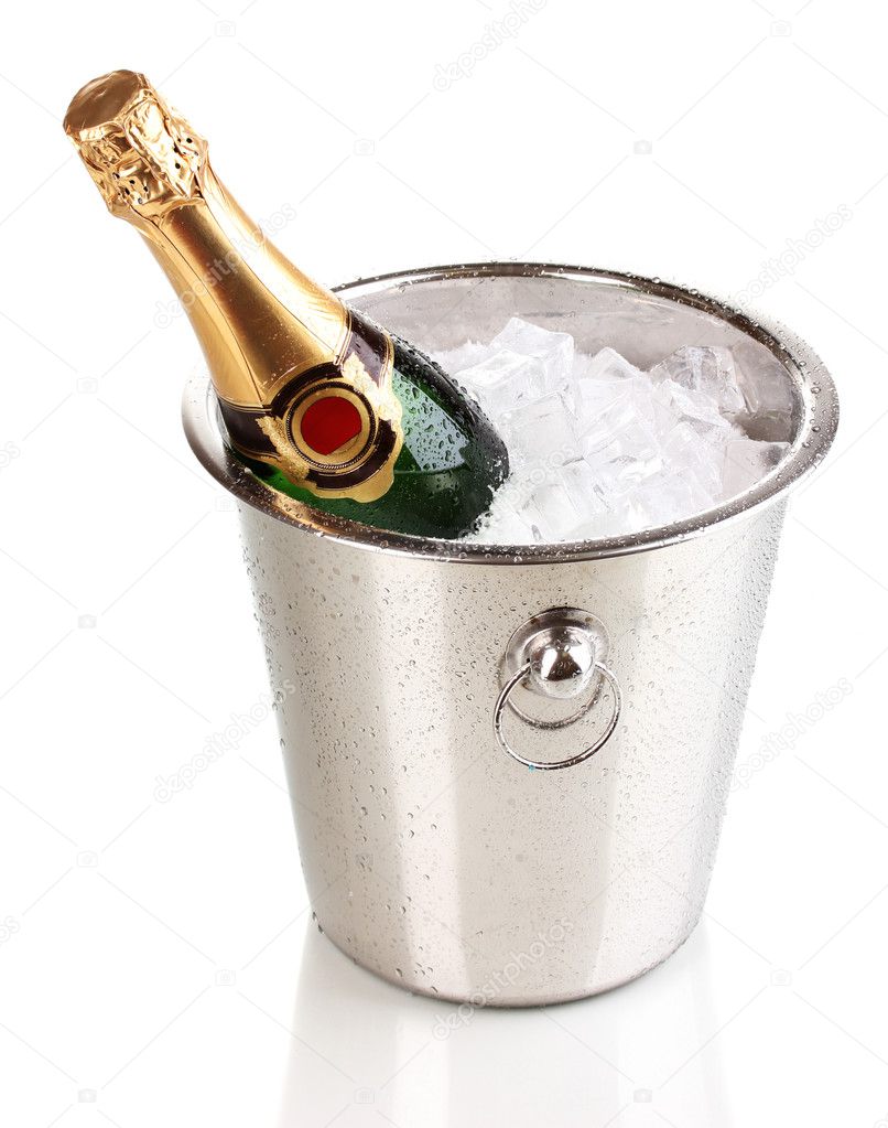 Bottle of champagne in bucket isolated on white