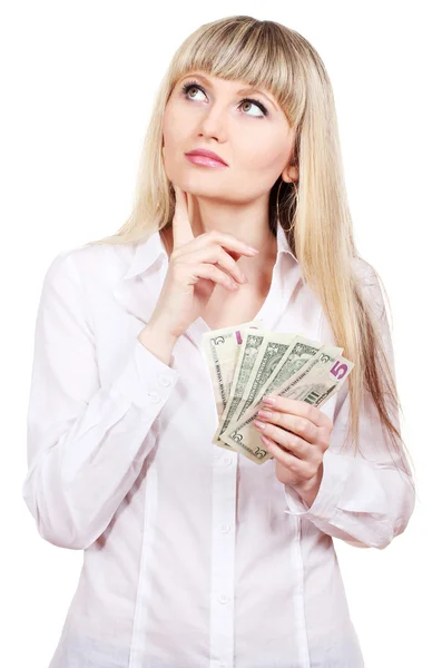 Mulher de negócios segurando dinheiro isolado em branco — Fotografia de Stock