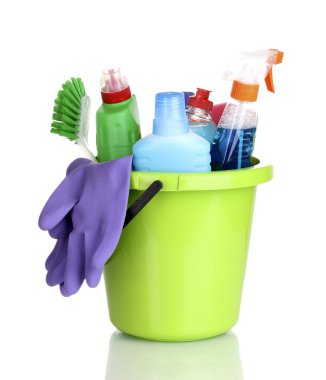 Cleaning items in bucket isolated on white clipart