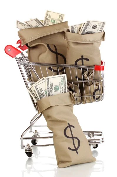 Taschen mit Geld im Einkaufswagen isoliert auf weiß — Stockfoto