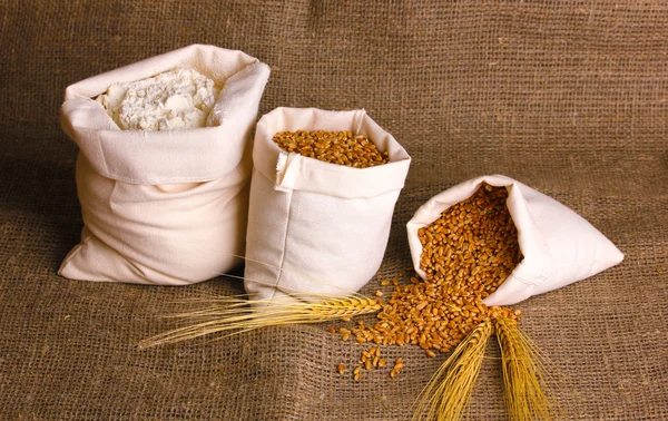 Farinha e grão de trigo sobre pano de saco — Fotografia de Stock