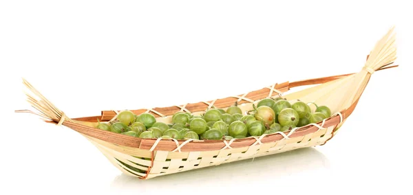 Green gooseberry in basket isolated on white — Stock Photo, Image