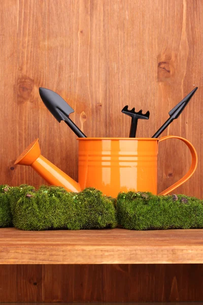 Зеленый мох и банка для полива с садовыми инструментами на деревянном фоне — стоковое фото