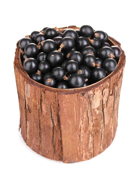Black currant in wooden cup isolated on white — Stock Photo, Image
