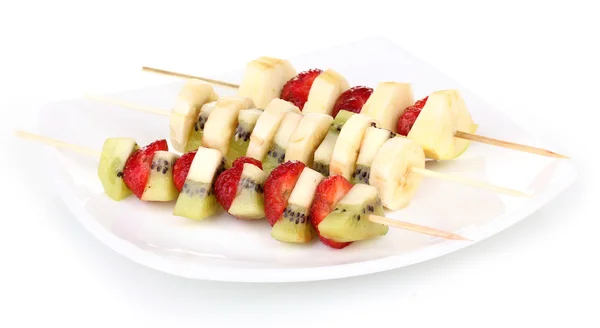 Mixed fruits and berries on skewers isolated on white — Stock Photo, Image