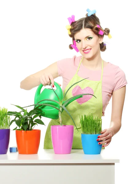 Beautiful happy young housewife watering plants in flowerpots isolated on white — Stock Photo, Image
