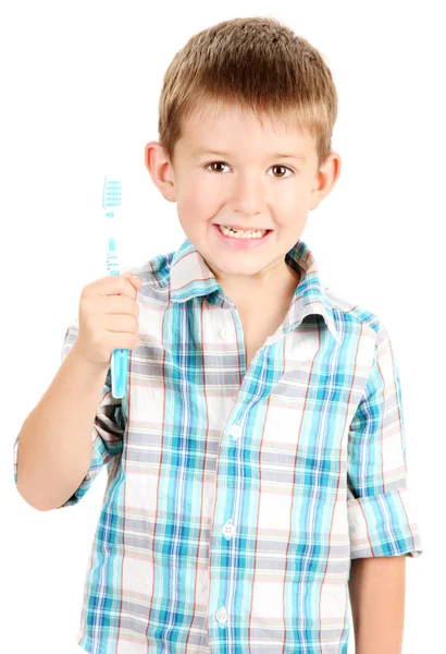 Komik küçük çocuk üzerinde beyaz izole diş fırçası ile — Stok fotoğraf