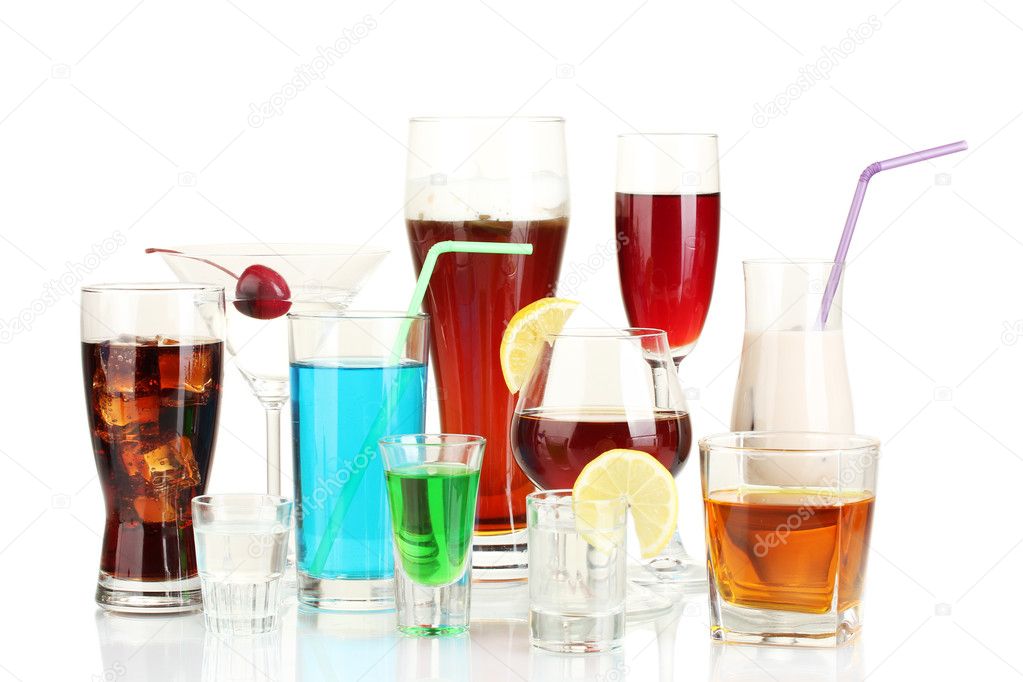 A variety of alcoholic drinks isolated on white