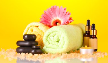 Composition of funds required for spa care on yellow background clipart