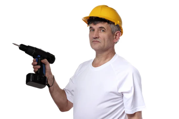 Bauarbeiter mit Haltebohrer isoliert auf weiß — Stockfoto