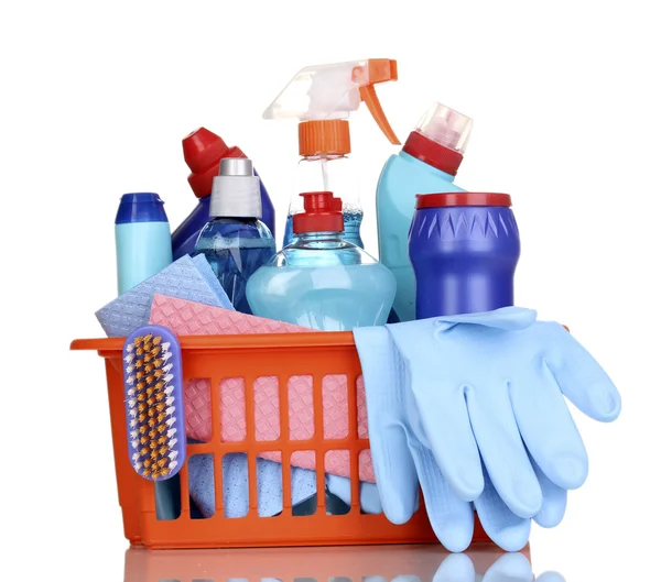 Cleaning items in plastic basket isolated on white — Stock Photo, Image