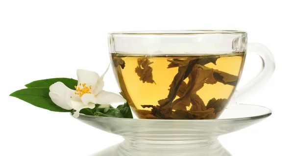 Taza de té verde con flores de jazmín aisladas en blanco —  Fotos de Stock